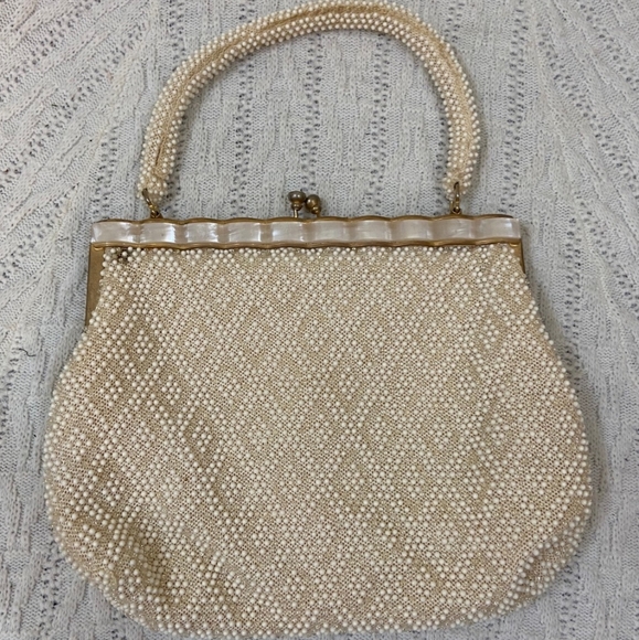 Vintage White Beaded Hand Bag with Mother of Pearl Clasp - Picture 1 of 8